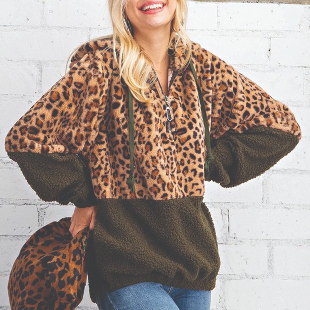 Leopard faux fur and sherpa mixed half zip hoodie